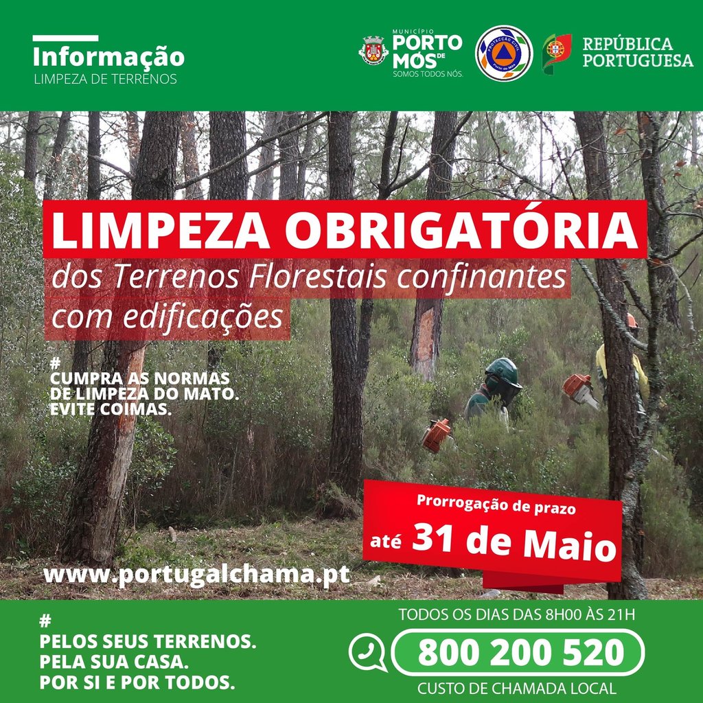 LIMPEZA OBRIGATÓRIA dos Terrenos Florestais confinantes com edificações, até 31 de Maio de 2020.
